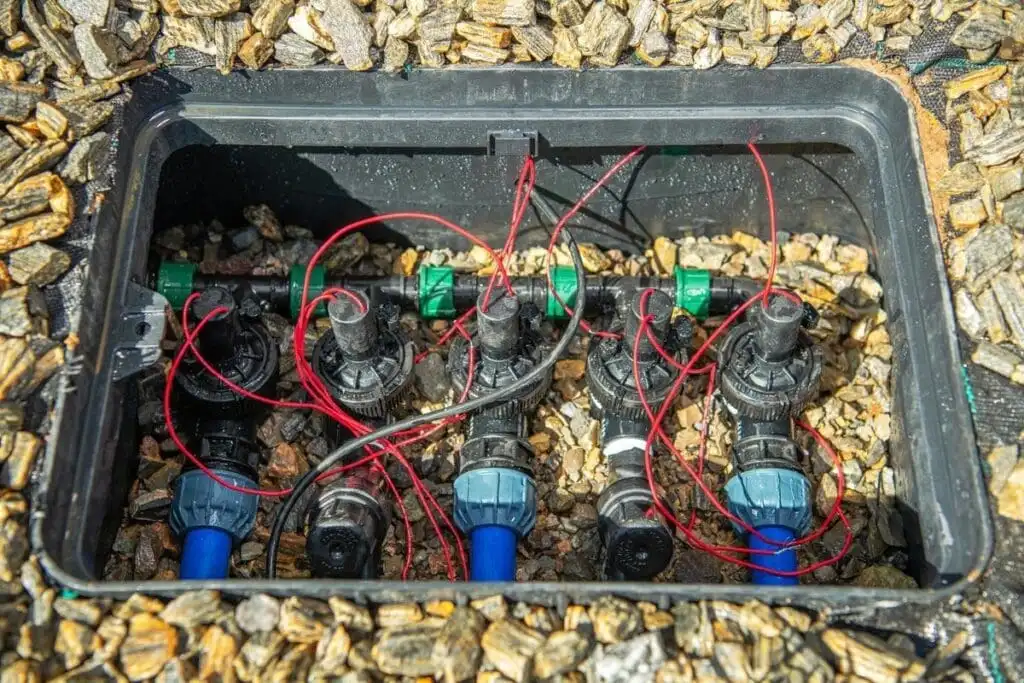 A residential irrigation valve manifold inside an open valve box with four zone valves, solenoids, and red zone wires
