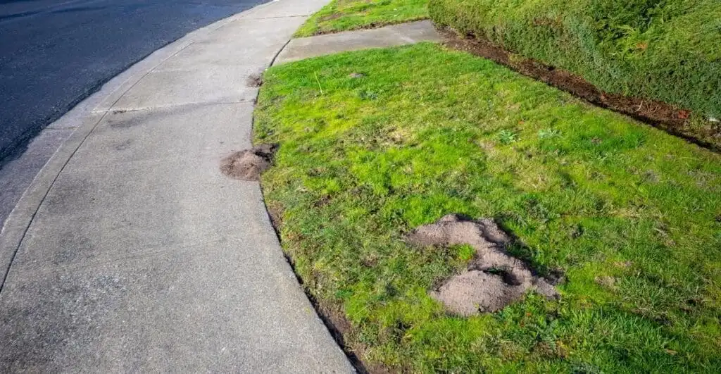 Gopher mounds along a lawn edge adjacent to sidewalk showing fan-shaped soil deposits