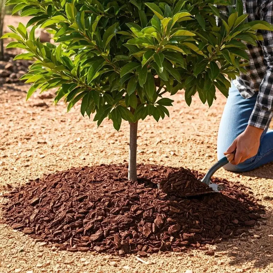 Mulch being raked directly against a young tree trunk — the moment the mistake is made