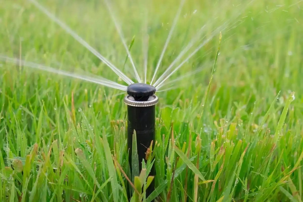 A sprinkler system running on a Tulsa metro lawn, the type of setup we inspect for summer irrigation problems